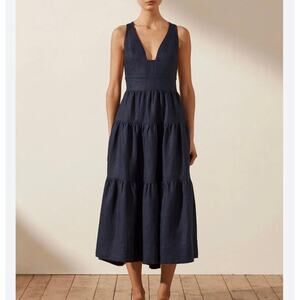 Shona Joy Ligia Plunged Cross Back Linen Midi Dress Navy Blue Size 2